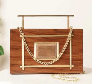 Pochette en bois d'acacia avec chaîne détachable, pochette de mariée, pochette en bois brun faite à la main - Product Image 3