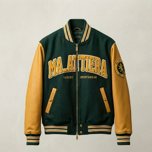 Veste pour homme MA_ATTIERA en cuir PU vert beige avec logo brodé, style preppy, fermeture éclair sur le devant, coupe classique, automne - Product Image 1