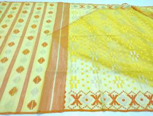 Exclusiva calidad de exportación amarillo Deshi Dhakai Jamdani Sharee para mujeres JAMDANI tela rojo verde dorado cielo azul de Bangladesh - Product Image 6