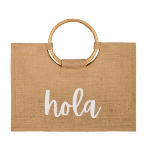 Bolsa de mano de yute reutilizable ecológica, mango de caña de madera, impresión personalizada, bolsa de arpillera resistente para compras en la playa, hecha a mano - Product Image 2