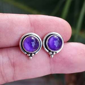 925 Sterling Silver Amethyst Stud <b>Earrings</b> Handmade Ball-shaped <b>Posts</b> Natural Purple Gemstone Gold Jewelry February Birthstone - Product Image 2