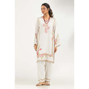 <b>Modest</b> Style Viscose Rawsilk Embroidered Shirt and Trouser <b>Set</b> Handmade Floral Print Natural Waistline IPST-44858 - Product Image 3