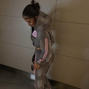 Bonne qualité Vintage Street Style survêtement 100% coton rayé en détresse survêtement sweat à capuche court broderie patch pour les femmes - Product Image 5