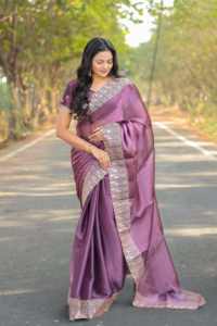 Saree en tissu de soie doux pur de style moderne et fantaisie à bordure cousue lourde pour femme à vendre - Product Image 6