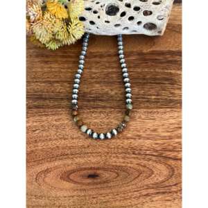 Navajo Strung #8 Turquoise & Sterling Silver 8 MM Pearl <b>Necklaces</b> Ball-shaped Beads with Diamond & <b>Opal</b> Stylish for Weddings - Product Image 1