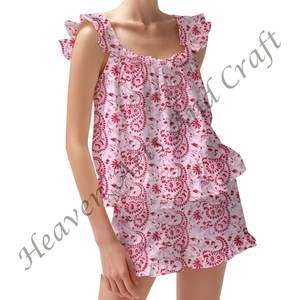 100% algodón largo cómodo pantalones cortos Pijama conjunto vestido suave Primavera/Verano Floral ajustado tiras volantes Trim mangas PJ conjunto - Product Image 1