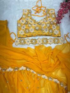 งดงามสีเหลือง Lehenga Saree สําหรับผู้หญิงอินเดียงานแต่งงาน Mehendi Haldi แผนกต้อนรับ Lehenga Saree พร้อมที่แนบมาDupatta Readymade - Product Image 5