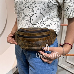 Genuine <b>Leather</b> Fanny Pack Well Made Durable <b>Leather</b> Waist Bag with Zipper Pocket Multifunctional Traveling Running Waist <b>Pouch</b> - Product Image 1