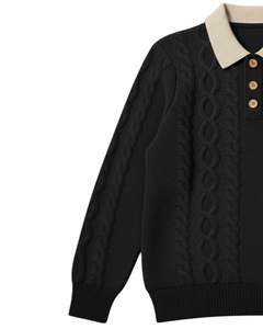 Pull Polo Homme Personnalisé en Maille Câblée à Manches Longues, Col Boutonné Contrastant, Hiver, Noir, pour Vente en Gros - Product Image 3