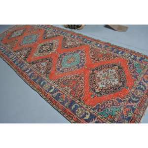 Alfombra turca Vintage de 4 pies, 6 pulgadas x 12 pies y 3 pulgadas, diseño de retazos rojo y azul, tejido plano, respaldo de látex de lana para decoraciones de sala de estar - Product Image 4