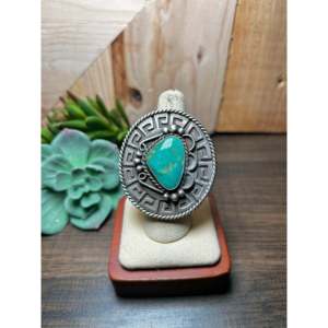 Navajo Handmade <b>Statement</b> <b>Ring</b> Kingman Turquoise & Sterling <b>Silver</b> Size 7.25 Gemstone Inlay for Everyday Wear - Product Image 1