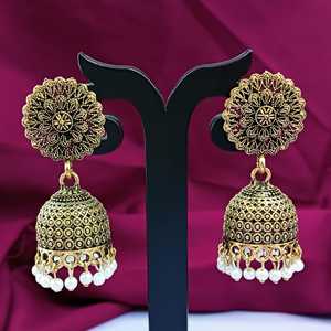 Pendientes indios para mujer, pendientes Jhumka oxidados antiguos tradicionales, joyería oxidada india, conjunto de pendientes colgantes de tuerca Floral - Product Image 2