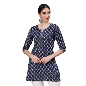 Hermoso estampado Kurti azul marino cuello redondo estilo largo Ropa Étnica para mujer para uso informal y formal proveedor al por mayor - Product Image 1