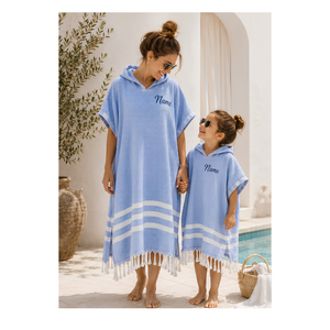 Ponchos à capuche assortis mère et enfant en peshtemal, 100% coton, serviette turque, robe de plage, fabricant direct à Denizli, Turquie, OEM - Product Image 1