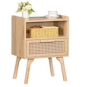 <span class=keywords><strong>Tavolino</strong></span> All'Ingrosso in Stile Bohémien con Cassetto e Ripiano Aperto, <span class=keywords><strong>Comodino</strong></span> con Dettagli in Canna d'India e Gambe in Legno Massello per Arredamento Camera da Letto - Product Image 1