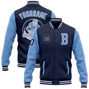 Vente en gros de bombardiers décontractés hiver personnalisés bleu marine clair-blanc veste bicolore Varsity Letterman à boutons-pression directe - Product Image 1