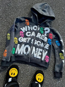 OEM Boxy Cropped Mens Oversized French Terry Soft 100 Combed Cotton Acid Wash <b>Vintage</b> 3d Full <b>Zip</b> <b>up</b> Puff Screen Print <b>Hoodie</b> - Product Image 2