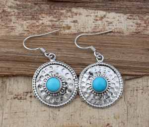 Pendientes de piedras preciosas redondas de Plata de Ley 925 turquesa para mujer, pendientes de moneda martillados hechos a mano, regalos para mamá, joyería al por mayor - Product Image 1