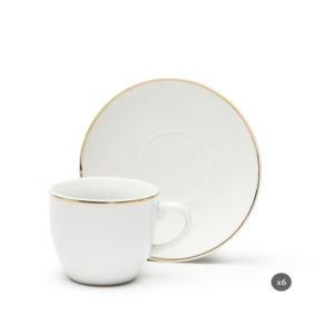 Durable Porcelain Set 6-pcs Round Espresso Coffee Cups w/ Saucers 9 cl (3 fl oz) Elegant Luxury Refined Design Gold Excelsa - Product Image 1