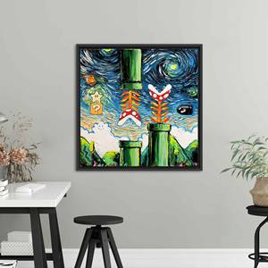 ภาพวาดสไตล์แวนโก๊ะมาริโอ - ภาพพิมพ์บนผ้าใบ, ของตกแต่งห้องเกมมิ่งสมัยใหม่, กรอบสีดำ - Product Image 1