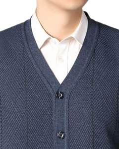 Navy Blue Diamond Texture <b>Cardigan</b> Sweater With V Neck <b>Button</b> Up Long Sleeves Cotton Soft Knitwear Casual Warm Winter Style - Product Image 4