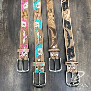 Wholesale Children's Designer Hand <b>Tooled</b> Leather Belts for <b>Kids</b> Handmade Adjustable Cow Leather Cowboy Pin Buckle Belts Belt - Product Image 1