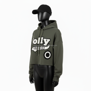 Sweat à capuche court pour femme en tissu polaire brossé 300GSM, ton olive, construction lisse, logo personnalisé, appliqué, travail de couture - Product Image 4