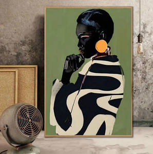 Style Art Déco Sans Cadre Minimaliste <span class=keywords><strong>Noir</strong></span> <span class=keywords><strong>Blanc</strong></span> Vert Art Mural Portrait Féminin Africain Impression sur Toile - Product Image 1