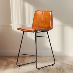 Tabouret de bar en cuir tanné 66 cm de style vintage avec base en métal naturel transparent pour bars, hôtels ou cuisines - Product Image 3