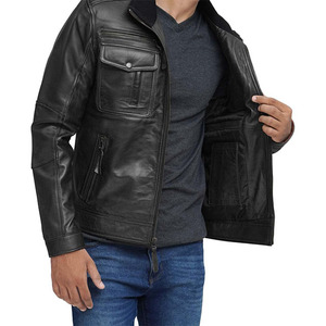 Authentic <b>Sheepskin</b> Leather Biker <b>Jacket</b> for <b>Men</b> Genuine Real Leather with Zipper Pockets Winter Front Logo <b>jacket</b> for <b>men</b> - Product Image 2