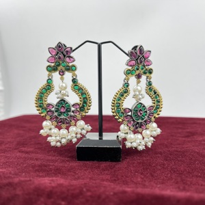 Boucles d'oreilles Chandbali à deux tons pour femme, bijoux, cadeau pour elle - Product Image 3