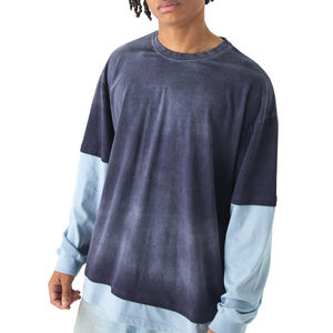 T-shirt pour homme en coton uni de longueur standard, tendance, col rond, manches doubles, délavé à l'acide, en vente - Product Image 1