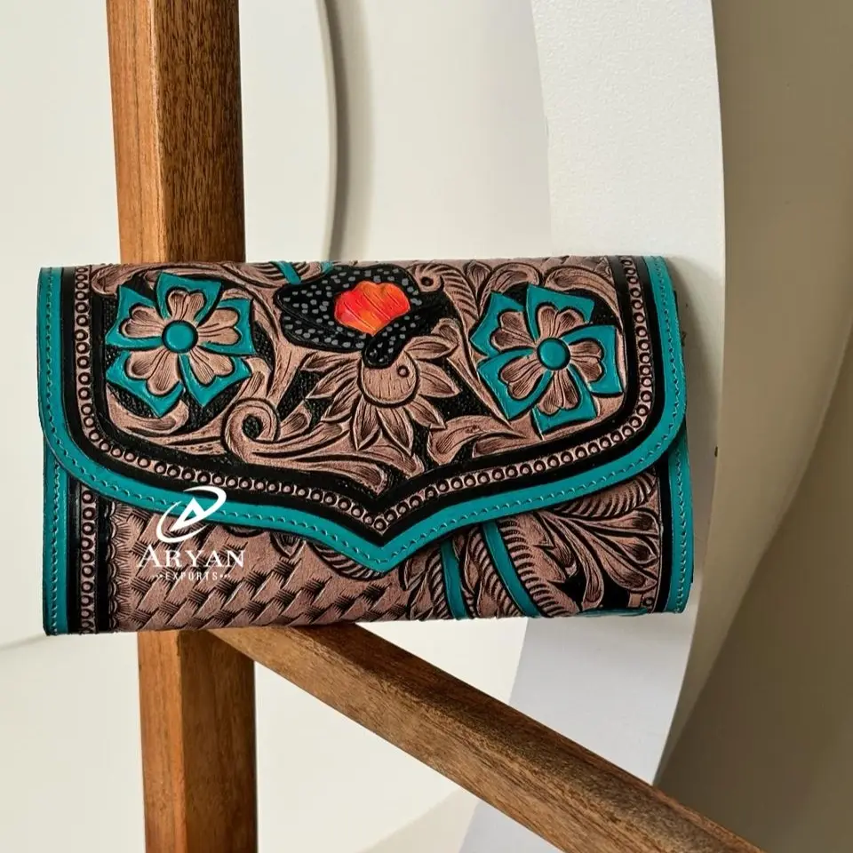 Branded Turquoise Floral Boho Hand Tooled Leather Flap Wallet Custom Genuine Leather Clutch Western Leather Credit Card Wallets