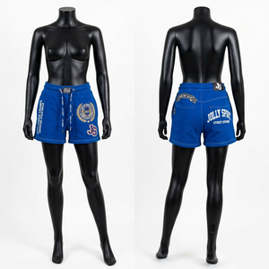 Shorts morados de mezcla de algodón grueso de 380 GSM con apliques bordados y logotipo personalizado para mujer - Product Image 5