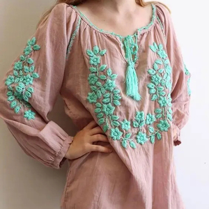 Blusa bordada mexicana de estilo bohemio para mujer, blusa de rayón de verano, transpirable, de secado rápido, 100%, algodón orgánico, patrón Floral - Product Image 1