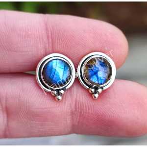 925 Sterling <b>Silver</b> Handmade Labradorite <b>Stud</b> Earrings Ball Shape Ear Posts with Natural Labradorite Gemstone Birthstone Jewelry - Product Image 6