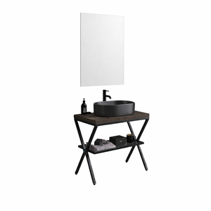 Mobile da Bagno 60cm in Metallo Nero con Ripiano in Vetro, Top in Rovere e Specchio 60x80cm - Product Image 5