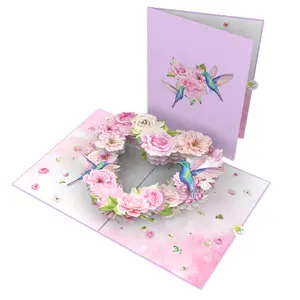 Çiçek kalp ve Hummingbird 3D Pop Up kart çevre dostu en kaliteli doğum günü sevgililer yıldönümü düğün hayvan kağıt 3D