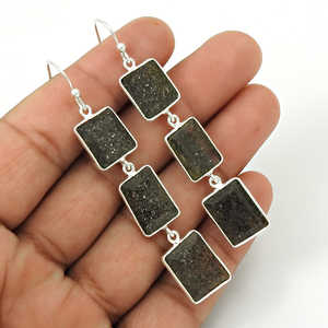 Pendientes de estilo de gancho de piedras preciosas de piedra negra solar Natural múltiple, joyería Bohemia, Pendientes colgantes chapados en plata de ley 925, pares para niñas - Product Image 2