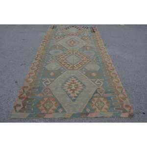 Alfombra Kilim turca Vintage, diseño de retazos verde y azul, rectángulo de látex de lana de 5x10 pies para sala de estar, pasillo, Alfombra de yute de 9x12 - Product Image 1