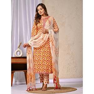 Yellow Floral Design <b>Block</b> <b>Printed</b> Cotton Anarkali Suit Latest Ethnic Salwar with Net Fabric for Party Wear Special Occasions - Product Image 5