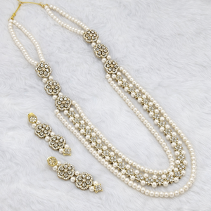 Traditional Pearl Mala Necklace <b>Set</b> with Zircon <b>Earrings</b> and Maang Tikka <b>Gold</b> Plated Ethnic Wedding Bridal Party Jewelry - Product Image 2