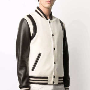 Veste varsity noire crème pour homme, manches en cuir, col rabattu, style décontracté, coupe classique, vêtement d'automne - Product Image 3