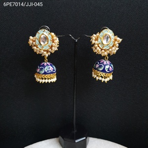 Boucles d'oreilles Jhumki Kundan peintes à la main bleu turquoise - Product Image 4