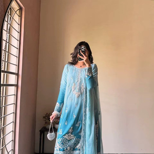 Heavy Designer Chinon Soie Impression Numérique & Séquence & Zari Broderie Travail Top et Dentelle Travail Palazzo Avec Georgette Dupatta - Product Image 1