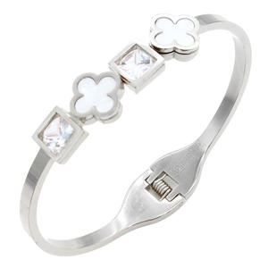 White <b>Clover</b> Crystal <b>Bracelets</b> Stainless Steel Elegant Bangle with Intricate Design - Product Image 1