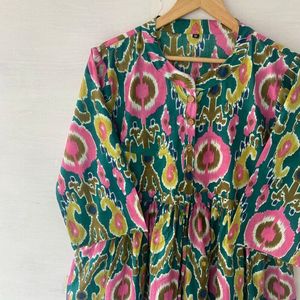 ชุดผ้าฝ้ายทำด้วยมือใหม่ Ikat พิมพ์ลายวงกลมสไตล์ฤดูร้อนลำลองรอบเอวธรรมชาติสำหรับงานปาร์ตี้ - Product Image 4