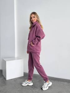 Ensemble de survêtement en molleton de polyester de haute qualité pour femmes, sweat-shirt à col rond et pantalon de survêtement, uni, personnalisable, pull-over - Product Image 3