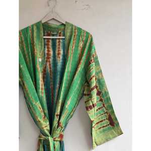 Vintage Floral Sari <b>Kimono</b> Robe Long Boho Loungewear with Drawstring <b>Plus</b> <b>Size</b> Friendly 1 Piece Bohoattire Crepe Silk - Product Image 1