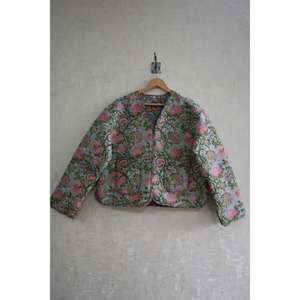 Cotton Woven Eco-Friendly Reversible Quilted Floral <b>Jacket</b> with Hand Block Print Artisan Winter Outerwear - Product Image 2